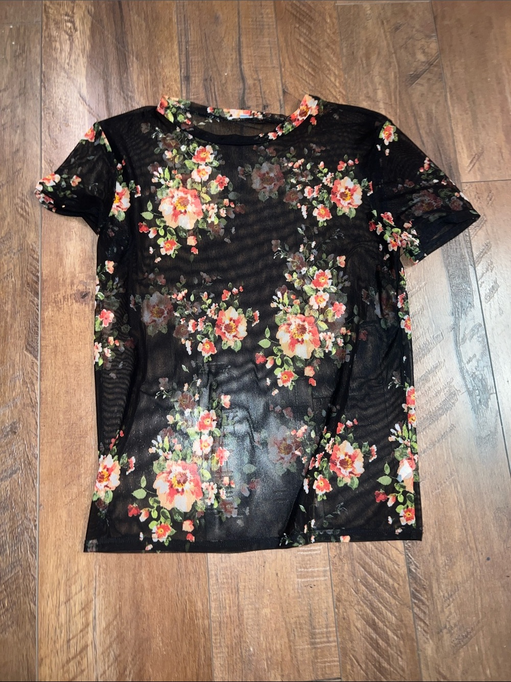 Velvet Torch Black Floral Mesh Short Sleeve Tee with Pink and Green Blooms